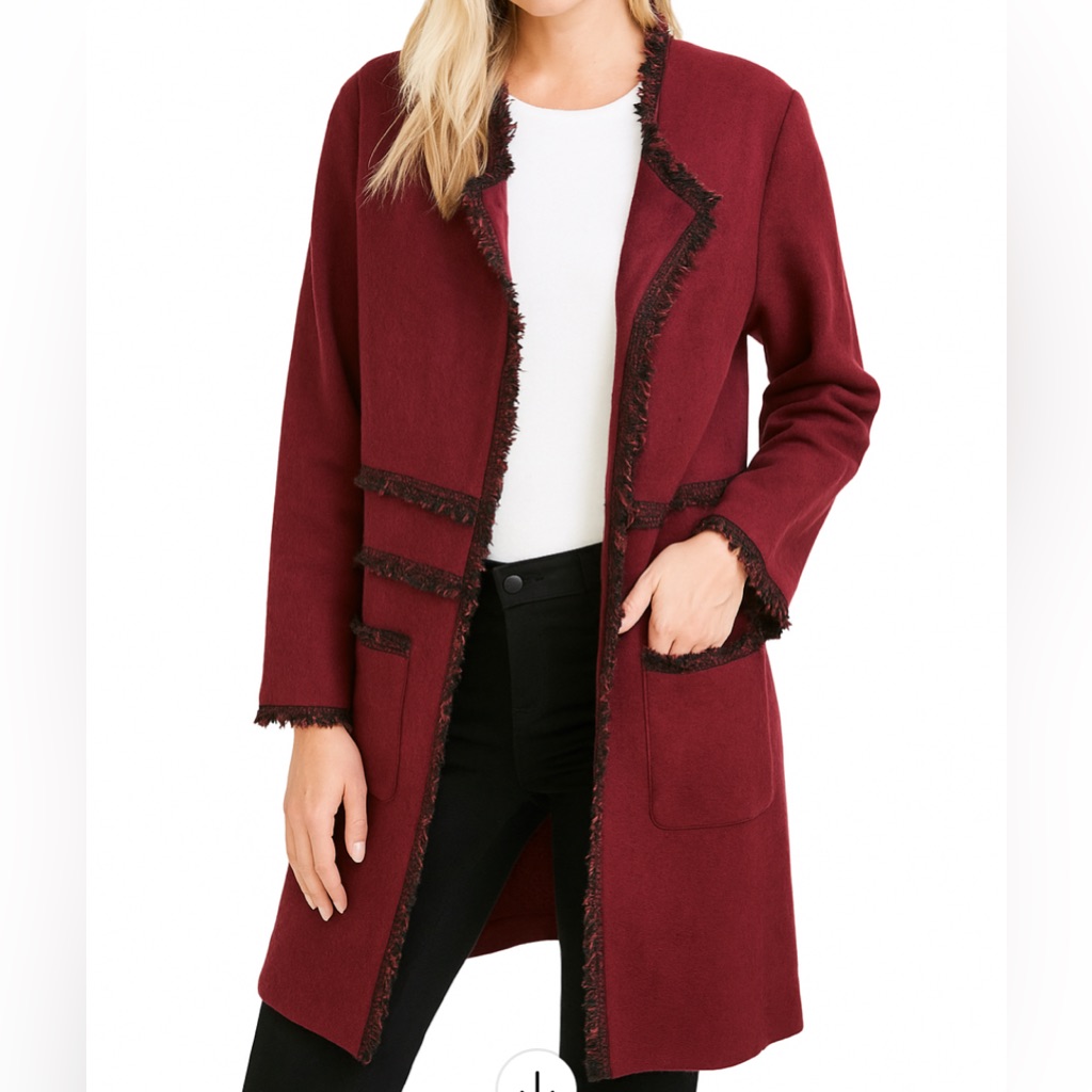Karl Lagerfeld Size Medium Wool Blend Burgundy Fringed Coat